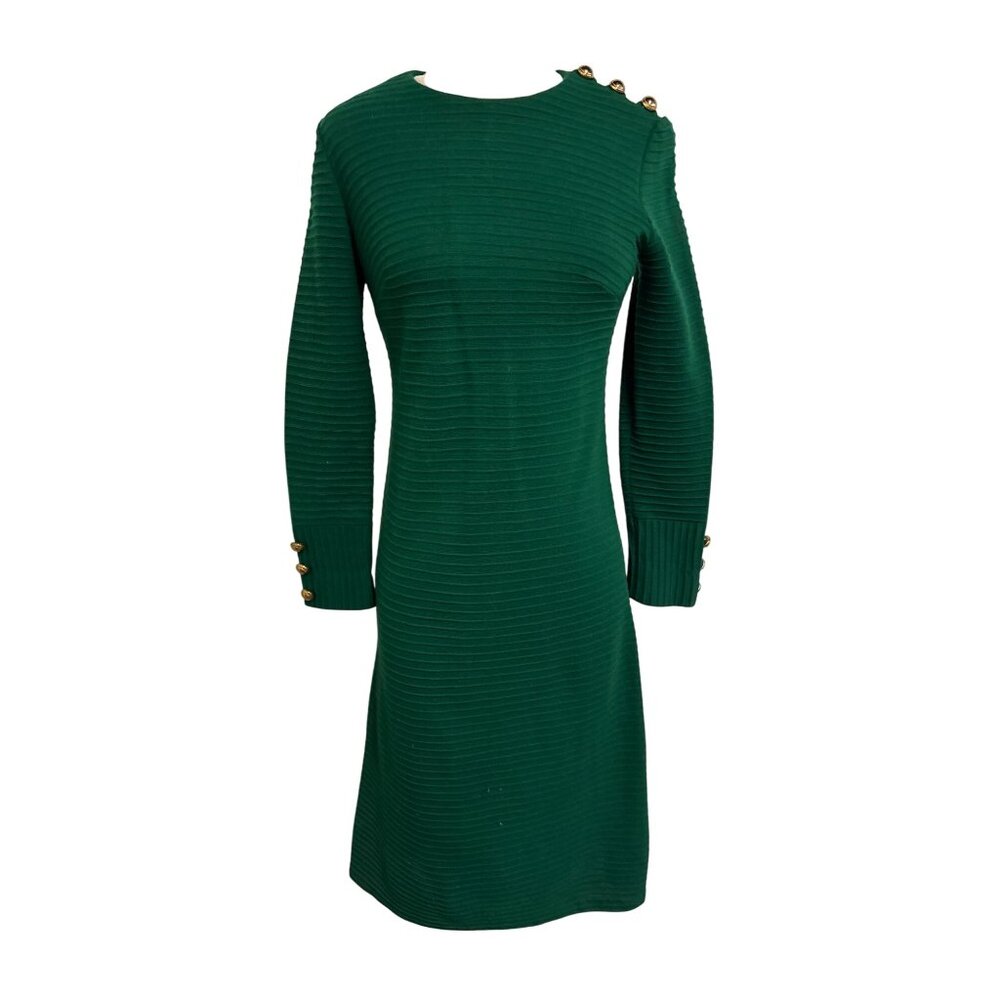 Vintage Miss Couture Green Ribbed Knit Dress With Gold Button Accents